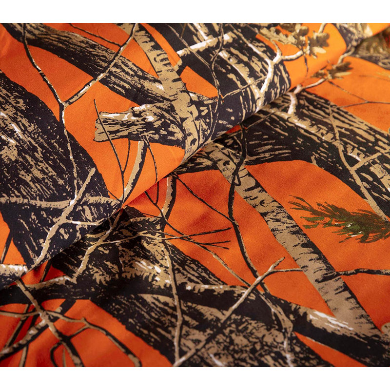 Nature Forest Woods Camouflage Comforter Set Cabin Lodge Bedding Set, Orange, Queen Comforter  + 2 Standard Shams