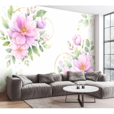 Papier peint adhésif peler et coller à motif de fleurs roses et de cercles dorés pour des décorations murales autocollantes en papier contact amovible pour la chambre à coucher du salon H 69 po x l 96 po