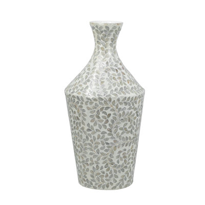 Vase à poudre décoratif en papier, de forme conique et orné d'un motif floral en nacre blanche.