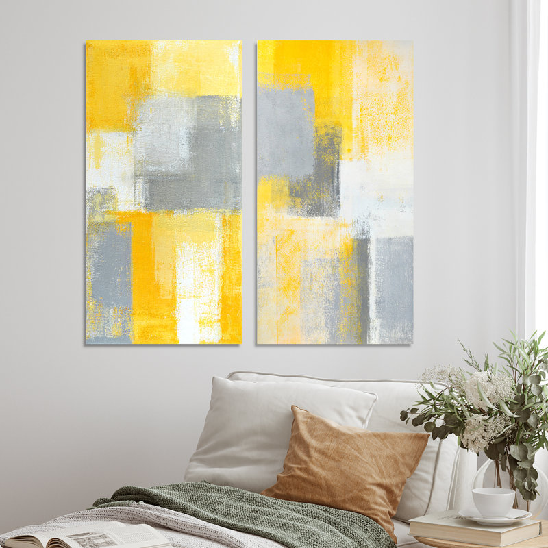 «Gray Meets Yellow Abstract Art», ensemble de 2 peintures sur toile, Toile tendue, H 32 po x l 32 po x P 1 po