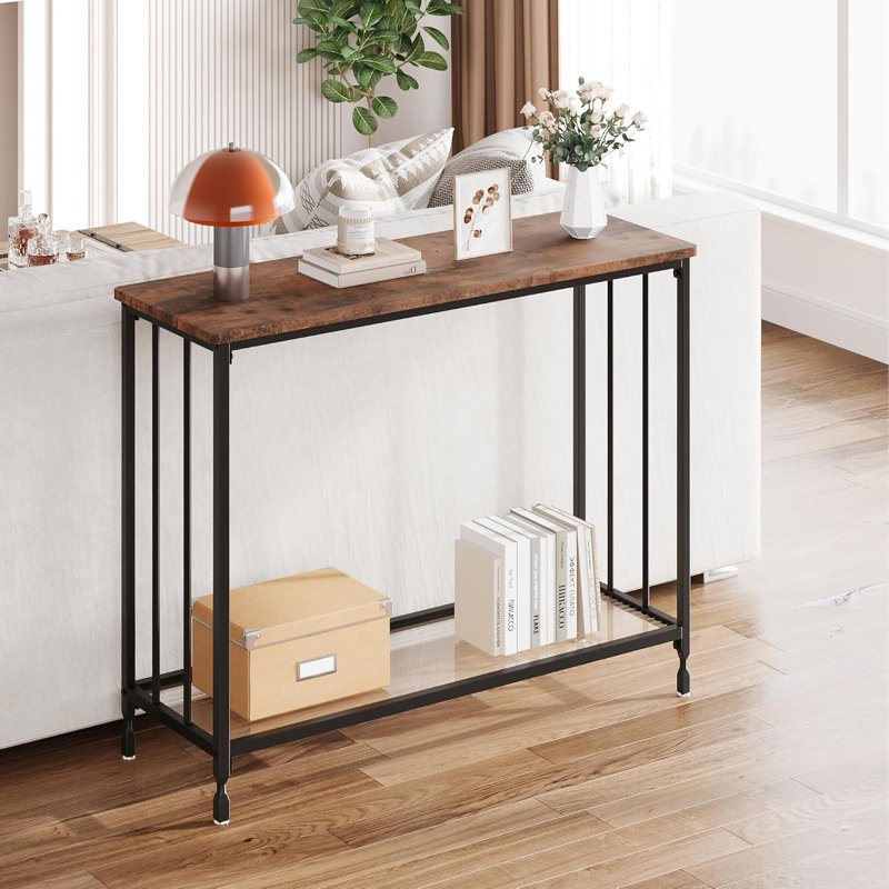 Console, table de canapé derrière, table de couloir industrielle avec tablette en verre et structure en métal