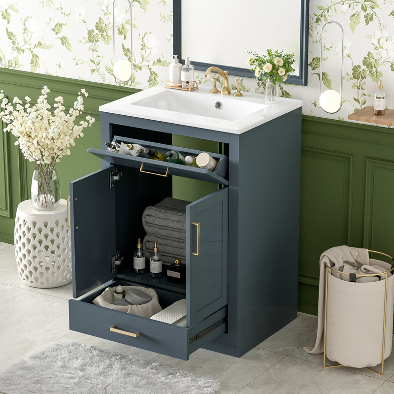 Meuble-lavabo avec lavabo, 2 portes et 1 tiroir basculant, Bleu