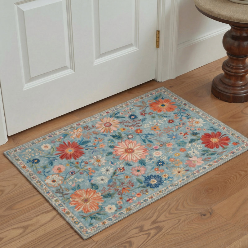 Veridian Floral Machine Washable Blue / Red Indoor Area Rug with Non-Slip Backing, Round 5'