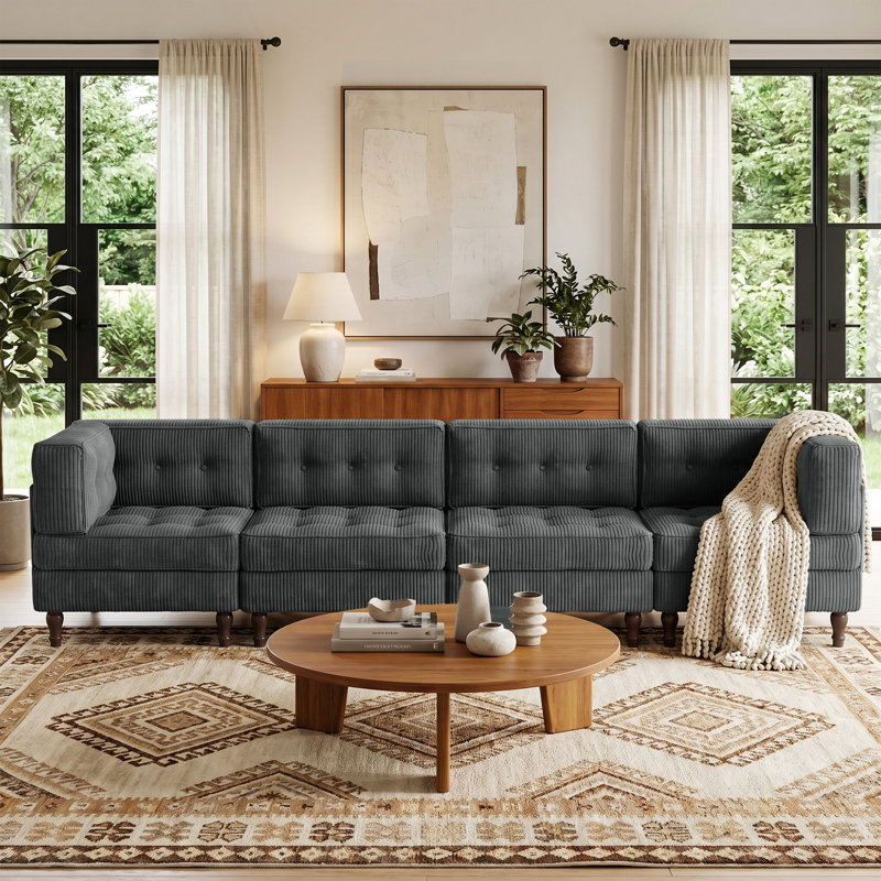 Ensemble modulaire en velours côtelé capitonné 4 pièces avec dossier coussiné 4 pièces, H 31,8 po x l 130,6 po x P 32,6 po, 4