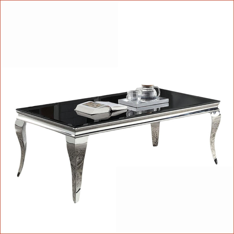 Table basse en acier inoxydable noir avec plateau en verre noir pour le salon, pieds en cabriole intemporels, facile à nettoyer