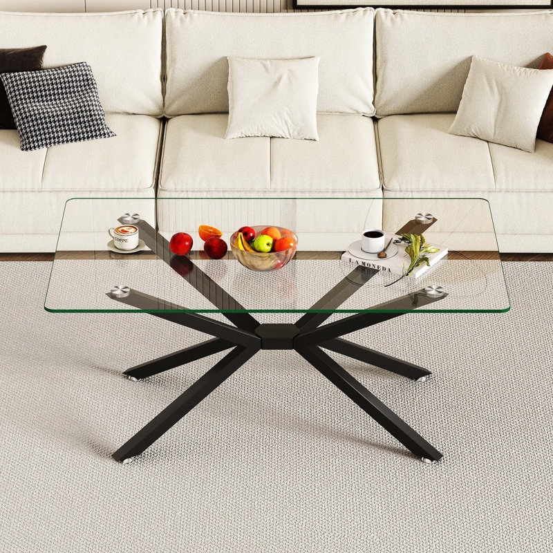 Table basse de 39,37 pouces rectangulaire en verre trempé transparent, table d'appoint de salon Fashion Design avec pieds en métal noir