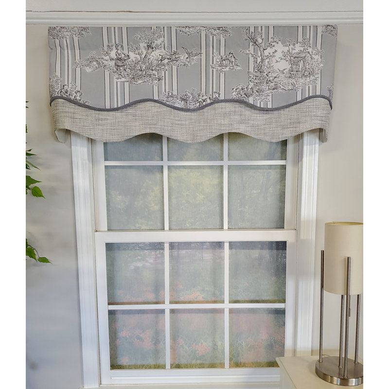 French Toile Layered 50'' W Window Valance, Gray
