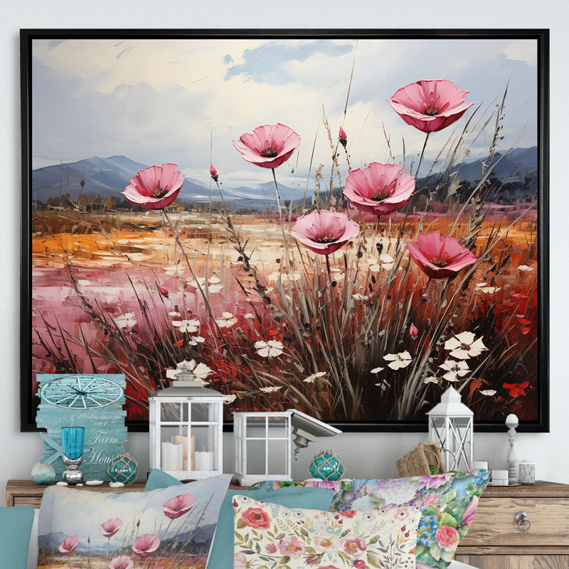 «Pink Crimson Flower Meadow Field» sur impression sur toile, Cadre flottant noir, H 30 po x l 40 po x P 1,5 po