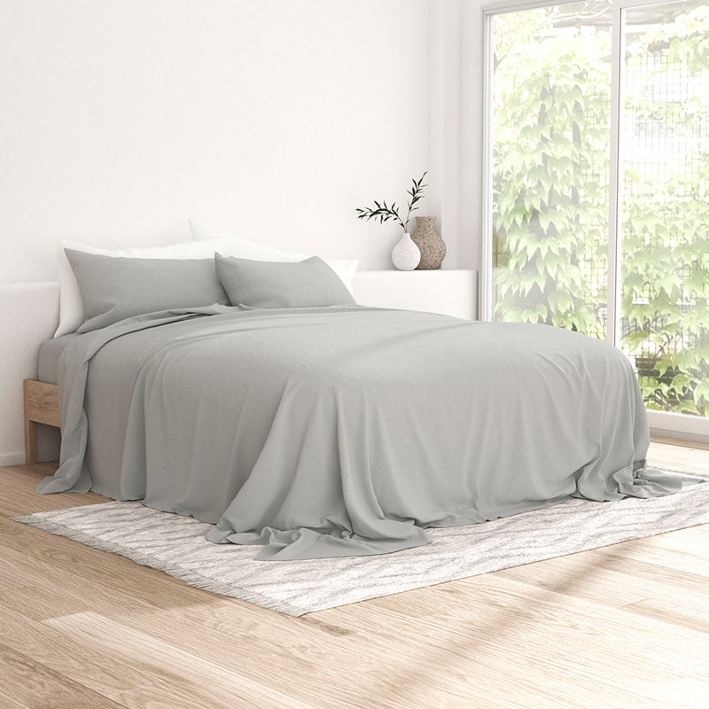 Ensemble de draps 100% coton, Gris pâle, Ensemble de draps pour grand lit avec 2 taies d'or