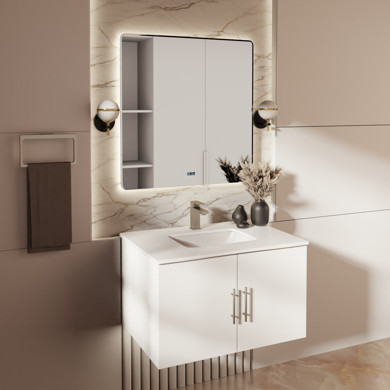 Geneva 30" Wall-Mounted Single Bathroom Vanity Set with Mirror, Glossy White, White Cultured Marble