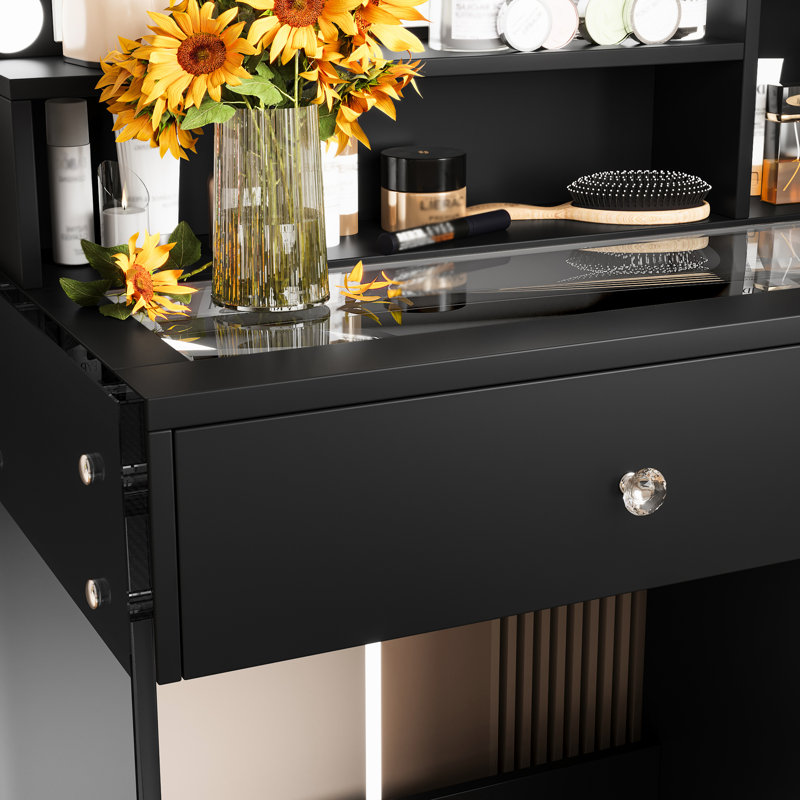Bureau de meuble-lavabo avec poignées à boutons en cristal, miroir haute définition, 3 modes et structure de verre de sécurité pour port de chargement noir, 2 tiroirs avec options d'éclairage