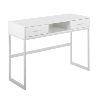 Console contemporaine à deux tiroirs, plateau en bois d'ingénierie blanc et structure en métal