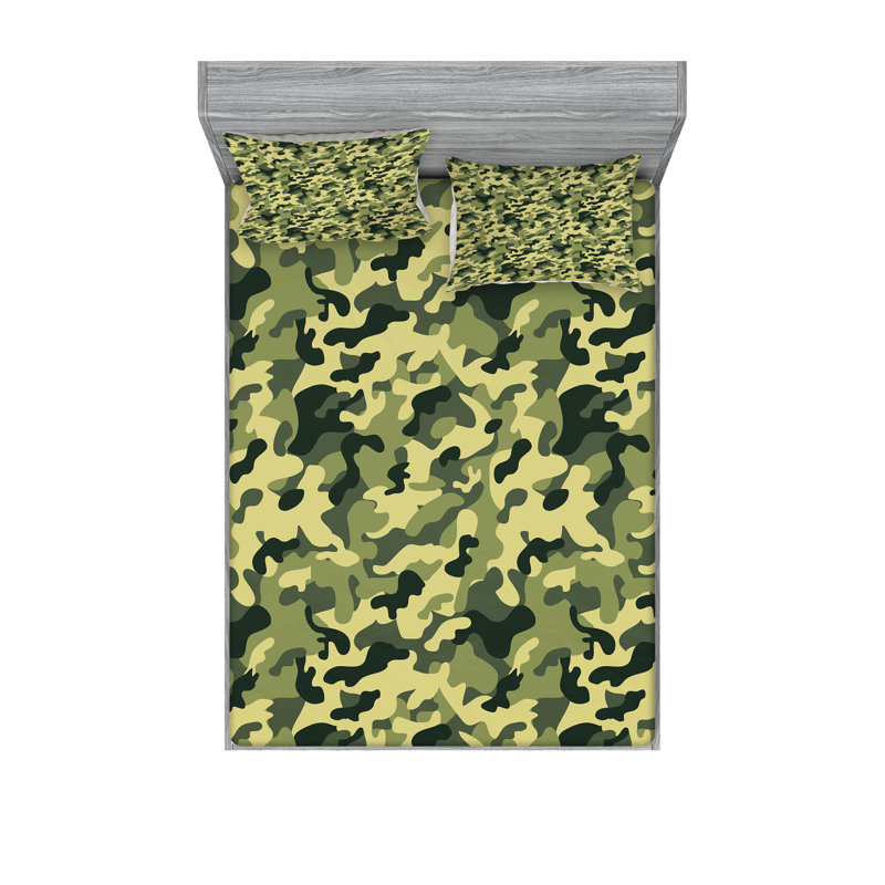 Drap-housse et coussin décoratif camouflage Ambesonne - vert / jaune, Ensemble de draps pour très grand lit californien