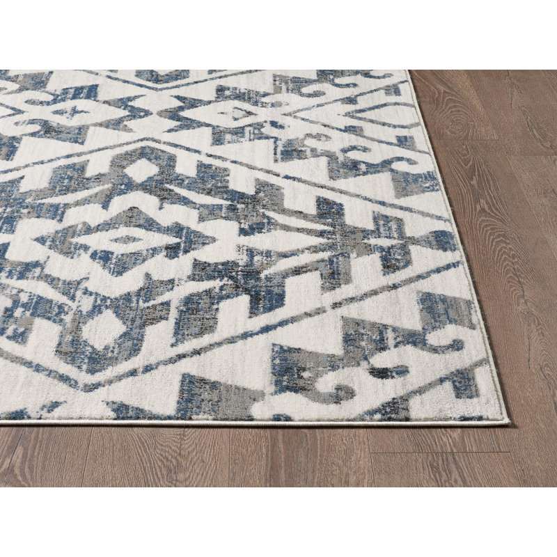 Tapis bleu / crème Kirshner, Rectangulaire 3 pi x 5 pi