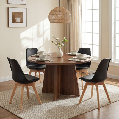 Round Wood Dining Table With 4 PU Leather Chairs, Kitchen Dining Room Furniture Set