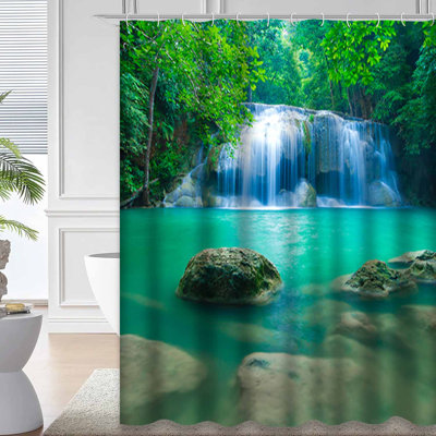 Deep Forest Waterfall Erawan National Park Thailand Landscape Scenery Shower Curtain with 12 Hooks