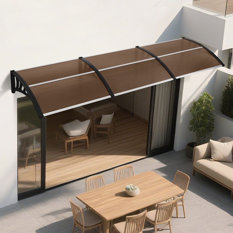 Polycarbonate Outdoor Window Awning, Patio Door Canopy with Aluminum Frame, 11" H x 115.9" W x 37.8" D, Brown
