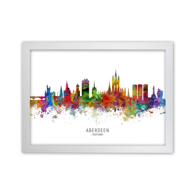 Aberdeen Scotland Skyline by Michael Tompsett - Print, 34cm H x 46cm W x 3cm D, White Framed