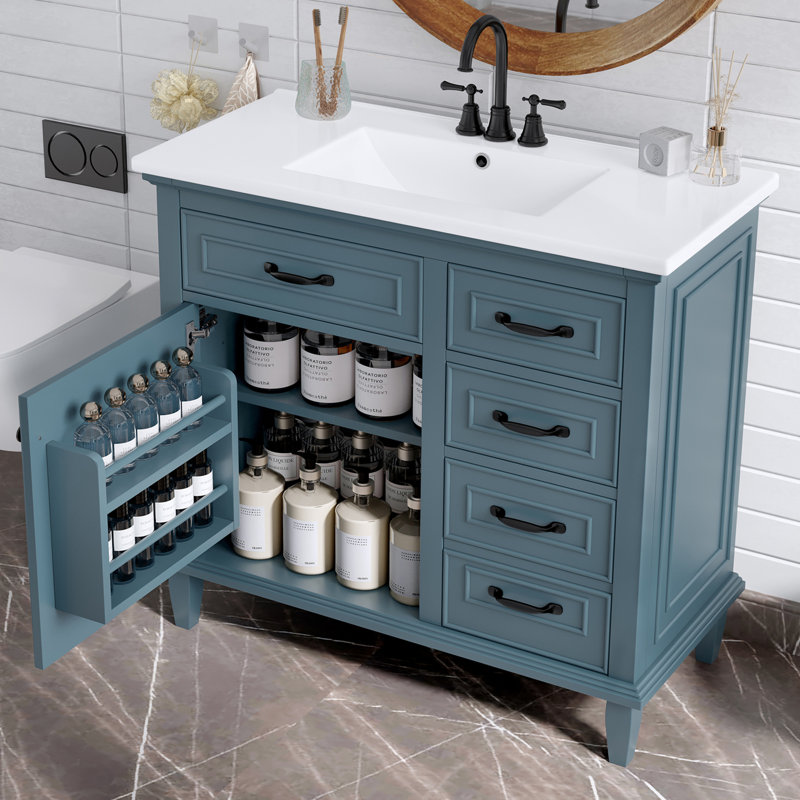 Meuble-lavabo 36 po avec comptoir en céramique, Bleu gris