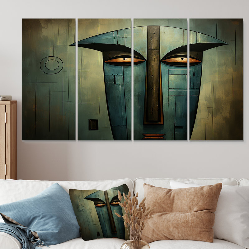 «Green and Blue Mystical African Mask Songye Power» - Masque africain, art mural 4 pièces, H 32 po x l 64 po
