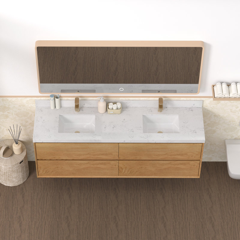 Ensemble de meuble-lavabo double 72 po avec comptoir en pierre d'ingénierie Calacatta, deux lavabos en céramique, tiroirs à fermeture en douceur, rangement flottant moderne