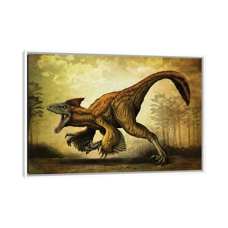 Utahraptor, A Large Dromaeosaur Dinosaur From The Cretaceous Period - Painting on Canvas, Black Framed