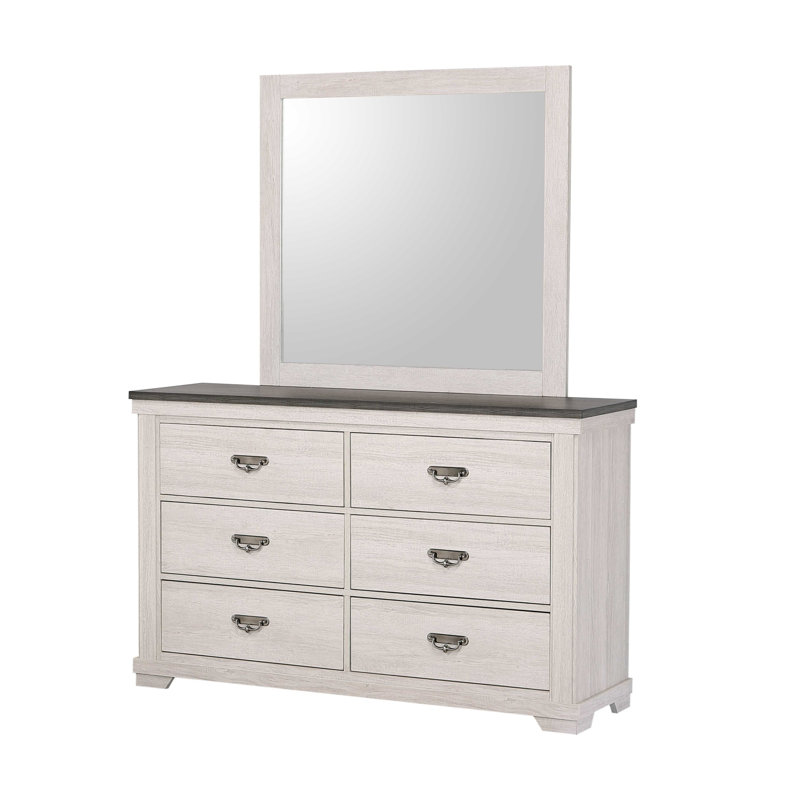 Commode rustique à six tiroirs avec finition beige, fabrication en bois massif durable pour le rangement de la chambre à coucher