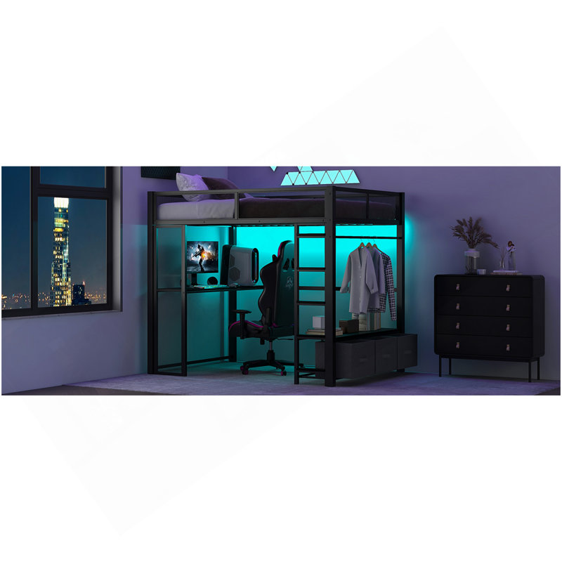 Lit mezzanine double en métal pleine grandeur avec bureau à DEL, armoire ouverte et 3 tiroirs de rangement en lin, noir, Noir