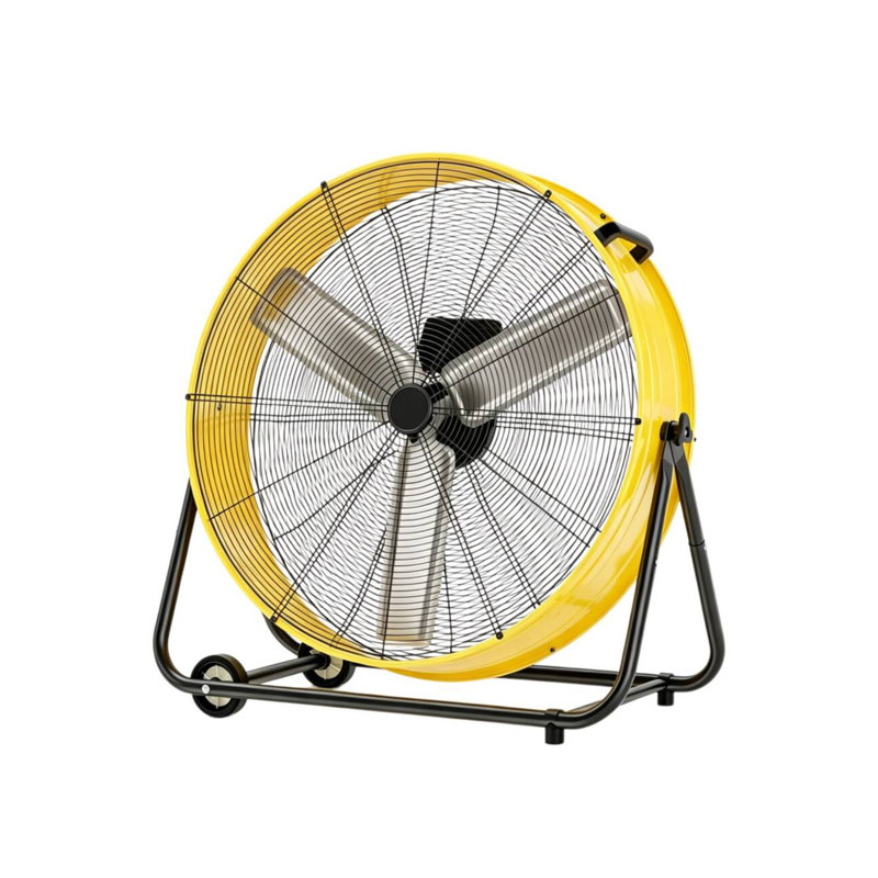 Ventilateur tambour industriel robuste Fierscial de 27 pouces, ventilateur en métal à roulement à grande vitesse de 24 pouces en tonneau intérieur, ventilateur portatif à 3 vitesses à 360 ° avec roues pour entrepôt, garage, atelier, usine, jaune