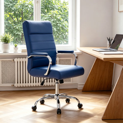 High-Back Ribbed Leather Upholstered Adjustable Swivel Rolling Ergonomic Office Desk Chair