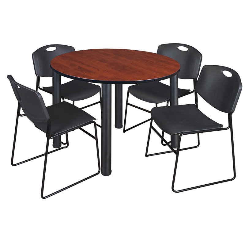 Plateau de table Niaya, 4 chaises empilables, Noir, Cerisier