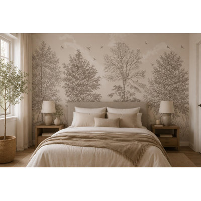 Papier peint mural neutre motif forêt | Papier peint beige à motif de forêt | Intissé ou autocollant
