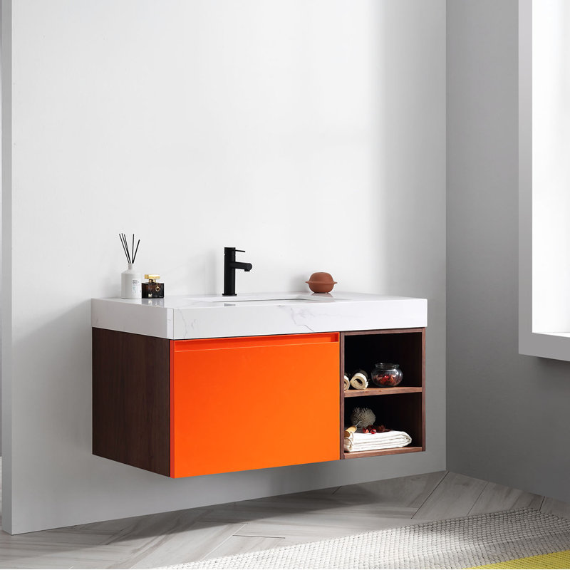 Noam 42'' Single Bathroom Vanity with Quartz Top, Red Amber