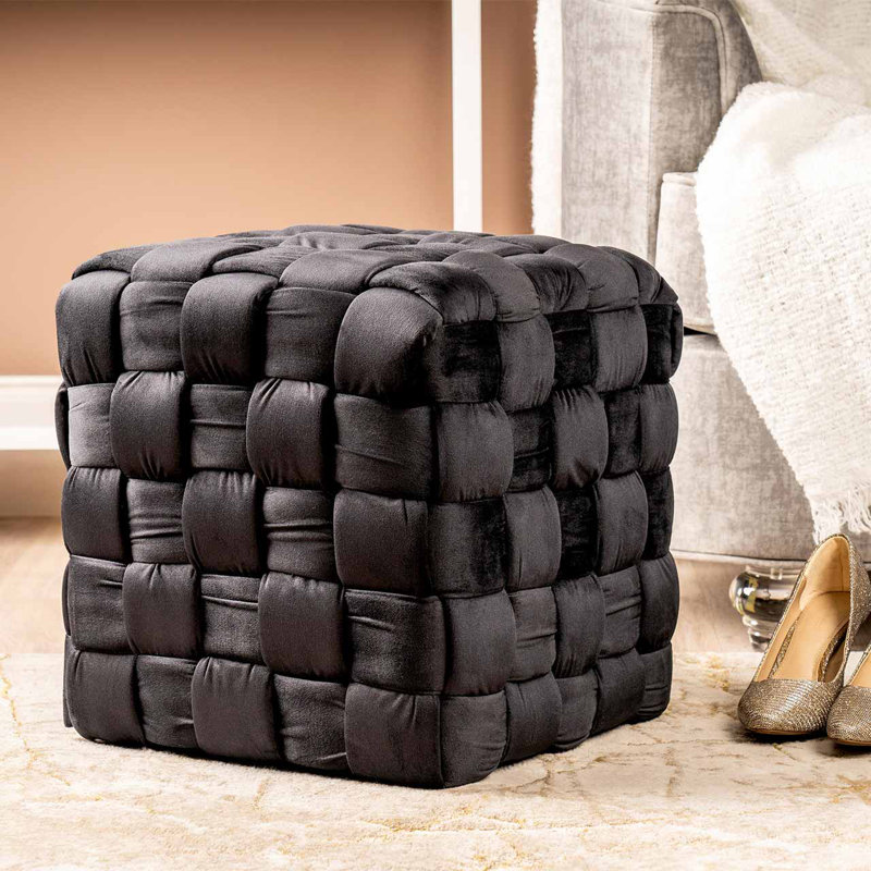 Barbaralee Velvet Woven Ottoman Dressing Stool for Bedroom Furniture, Modern Accent Stool with MDF Base, Black