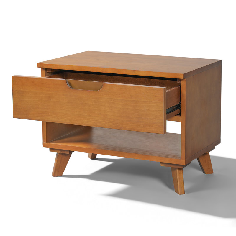 Table de chevet Ulmer Mid-Century moderne en bois avec tiroir et tablette ouverte, table de chevet avec pieds en bois massif