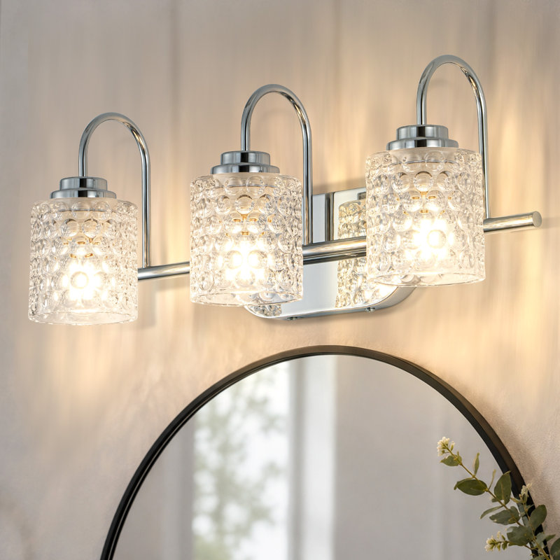 3-Light Modern Dimmable Bathroom Vanity Light with Dimpled Glass Shades, Chrome
