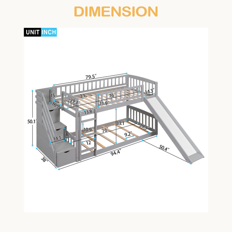 Lit superposé simple au-dessus de simple avec deux tiroirs et glissière Stairway, Gris