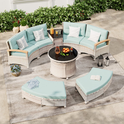 Meissalivve 8-Piece Half-Moon Curved Outdoor Patio Furniture Set, Sectional Conversation Sofa With 2 Half-Moon Ottomans, Round Coffee Tables For Backyard Deck Garden, Blue
