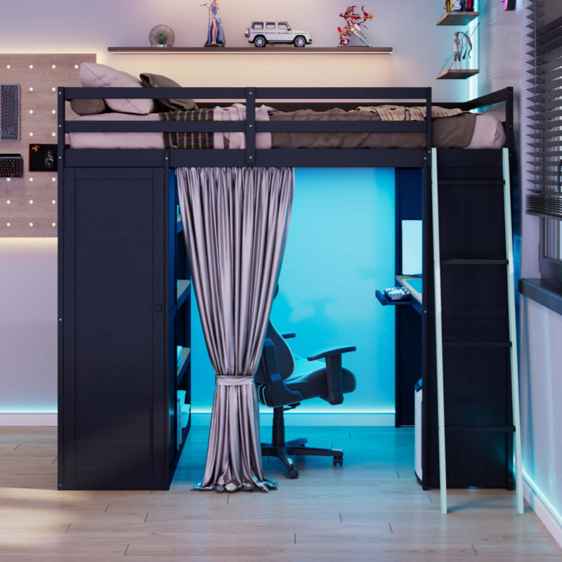 Lit mezzanine en bois avec garde-robe, tablettes, rideaux occultants et lumières RVB pour la vie moderne et l'efficacité de l'espace