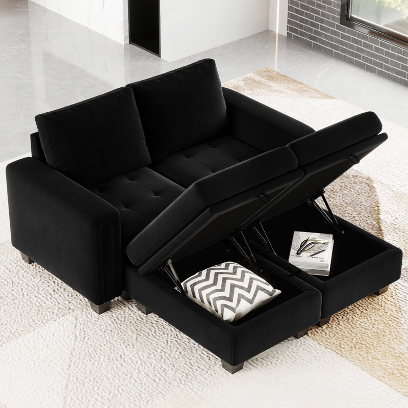 Shavera 4 - Piece Velvet Sectional Sofa Convertible Sleeper Couch Apartment Sofa Bed with Storage Ottomans, Black Velvet
