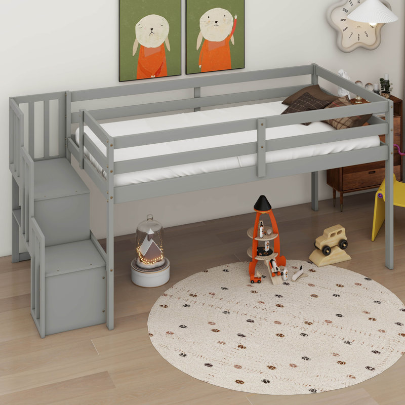  Zahara Twin Loft Bed With Staircase, Gray
