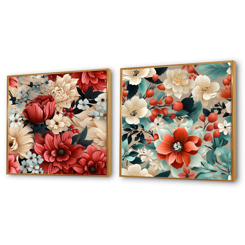 Hegarty - Ensemble de 2 collages floraux carrés, H 16 po x l 33 po, Cadre flottant doré