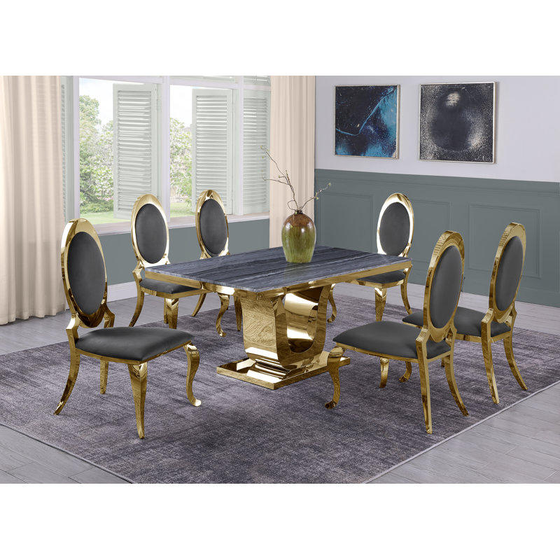 Hardnett Dellbrook White Marble Dining Set, White/Greige, Black/Silver, 7