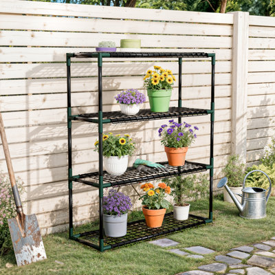 4-Tier Dark Green Metal Frame Plant Stand (2 PCS), 32" x 40" x 12" Flower Shelf for Indoor & Outdoor
