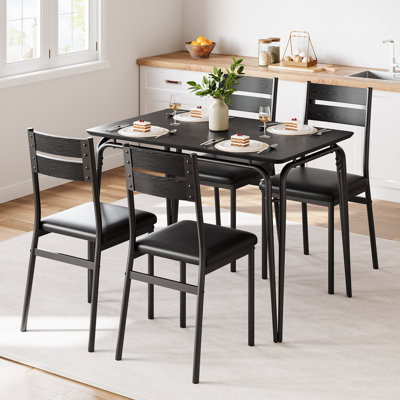 Modern 5-Piece Dining Table Set for 4 – Black Rectangular Kitchen Table with Upholstered Chairs, Compact Space-Saving Furniture for Small Apartments & Breakfast Nooks