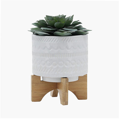 5" TRIBAL PLANTER W/ WOOD STAND, WHITE