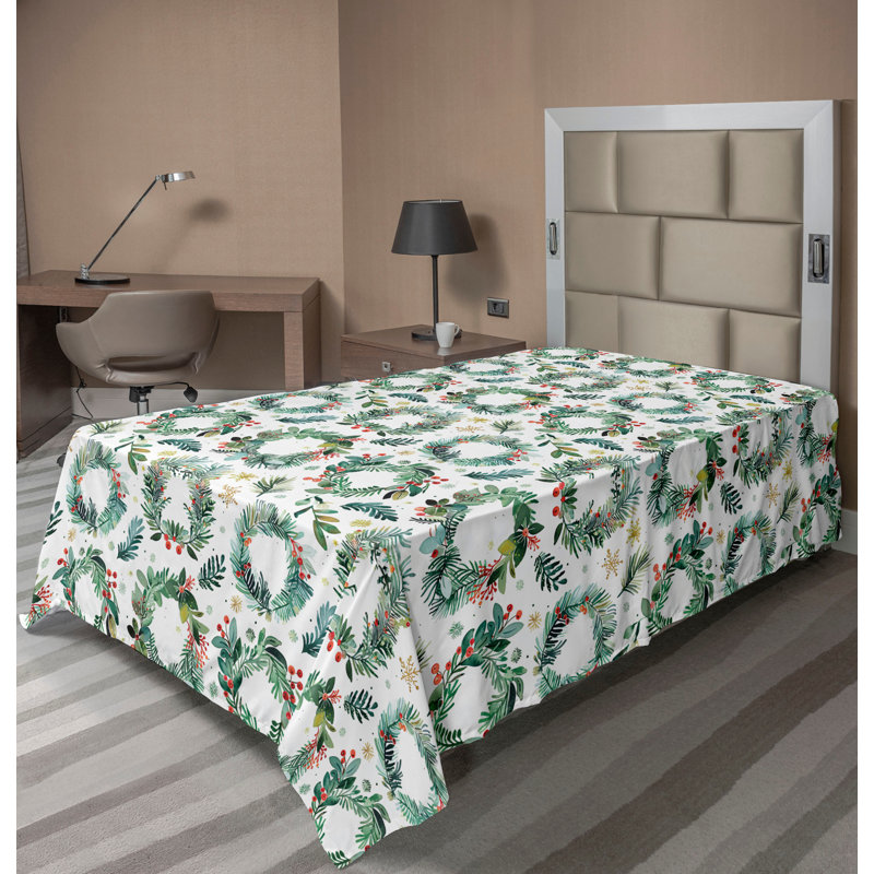 Drap plat moderne de style bohème Ambesonne, Drap plat pour lit simple, Vert laurier / motif floral vermillon