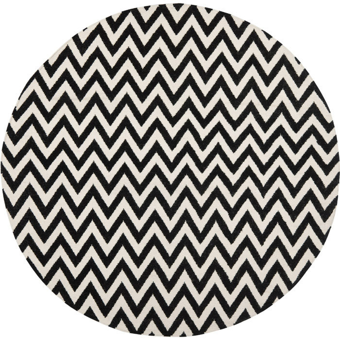 Rodgers Hand Woven Flat Weave Wool/Cotton Chevron Rug in Ivory/Black, Round 8'