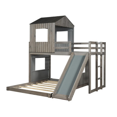 Lit superposé simple en bois sur lit double, lit mezzanine avec maisonnette
