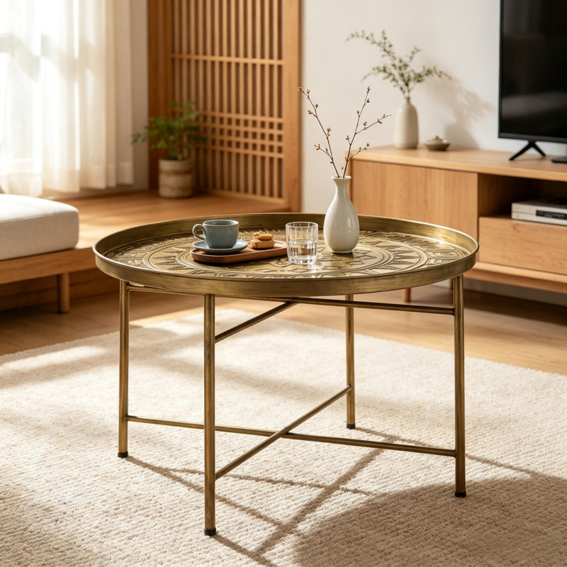 Table d'appoint ronde à motif martelé, 61 cm de diamètre x 40 cm de hauteur, métal, monobloc, finition brossée dorée, pieds réglables, fabrication artisanale.